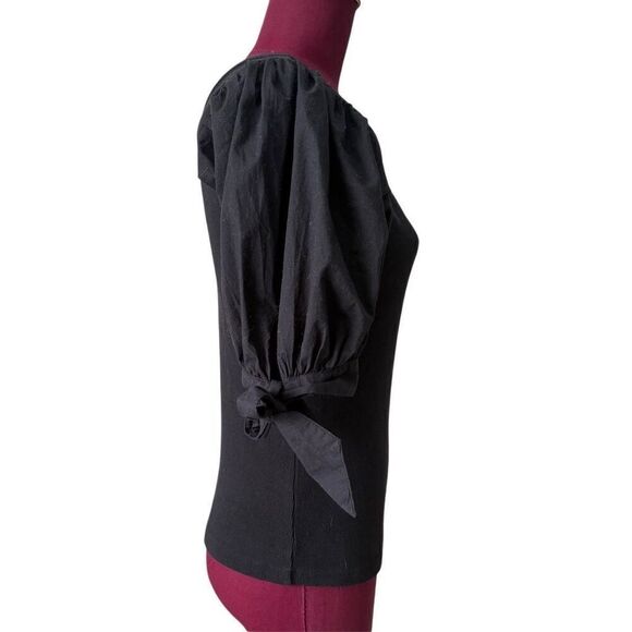 Anthropologie Maeve Puff-Sleeved Top V Neck Short Sleeve Tie Black Blouse - Picture 9 of 9